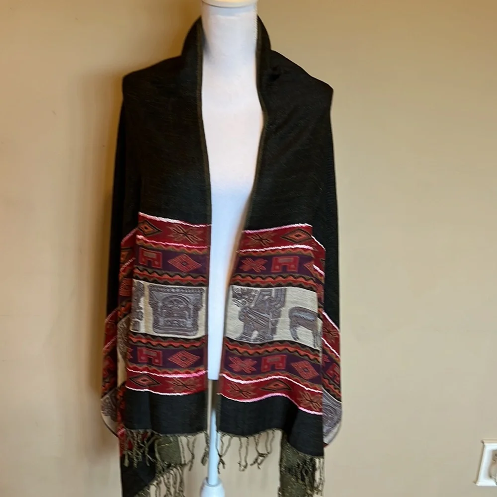 Printed scarf shawl with llama design in black red and green colors oversized